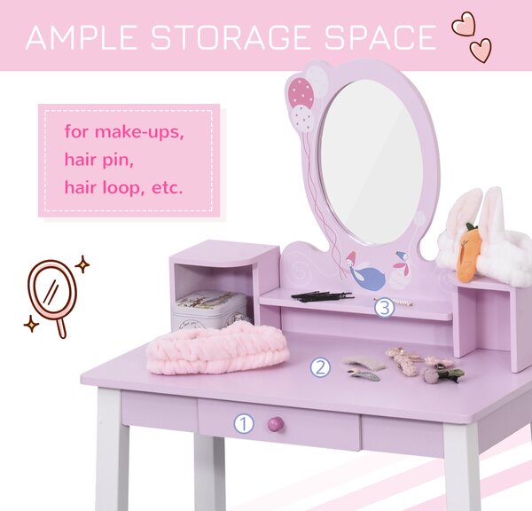 HOMCOM 2 PCS Kids Wooden Dressing Table & Stool Girls Vanity Table Makeup Table Set w/ Mirror Drawers Role Play for Toddlers 3 Year+ Aosom UK