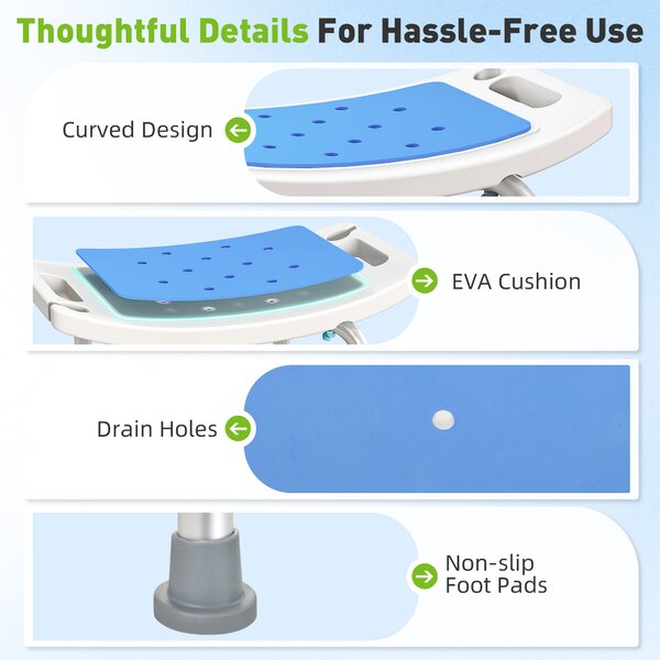 HOMCOM 6-Level Height Adjustable Aluminium Bath Room Stool Chair Shower Non-Slip Design w/ Padded Seat Drainiage Holes Foot Pad - Blue Aosom UK
