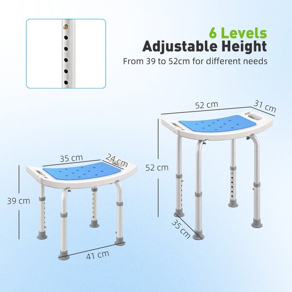HOMCOM 6-Level Height Adjustable Aluminium Bath Room Stool Chair Shower Non-Slip Design w/ Padded Seat Drainiage Holes Foot Pad - Blue Aosom UK