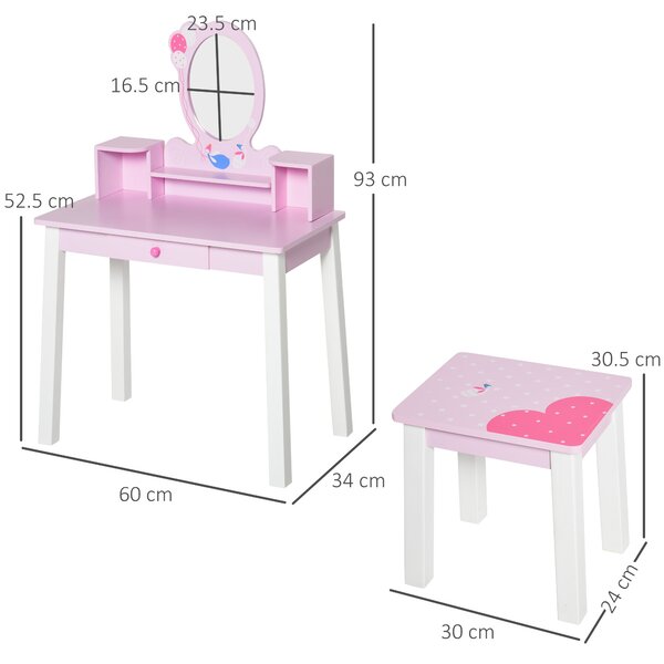HOMCOM 2 PCS Kids Wooden Dressing Table & Stool Girls Vanity Table Makeup Table Set w/ Mirror Drawers Role Play for Toddlers 3 Year+ Aosom UK