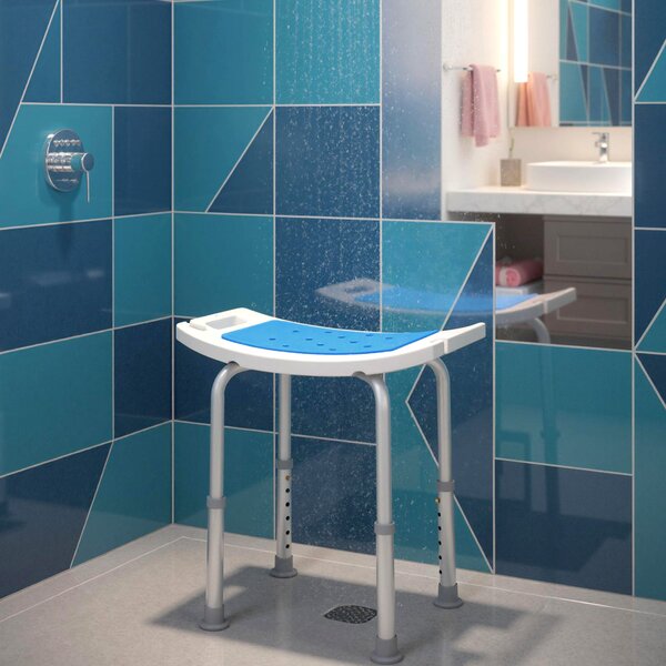 HOMCOM 6-Level Height Adjustable Aluminium Bath Room Stool Chair Shower Non-Slip Design w/ Padded Seat Drainiage Holes Foot Pad - Blue Aosom UK