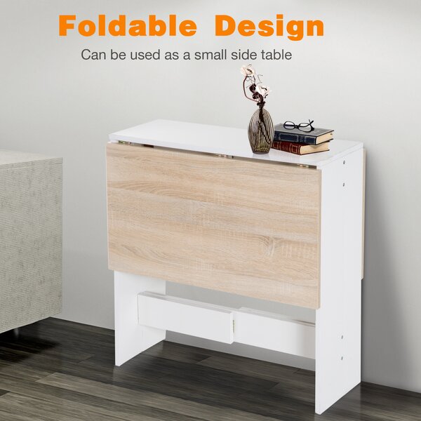 HOMCOM Particle Board Folding Wood Tables, Drop Leaf Dining Table for Space Saving, Writing Computer Desk, Home Office, Oak & White Aosom UK