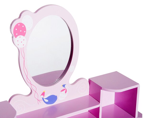 HOMCOM 2 PCS Kids Wooden Dressing Table & Stool Girls Vanity Table Makeup Table Set w/ Mirror Drawers Role Play for Toddlers 3 Year+ Aosom UK