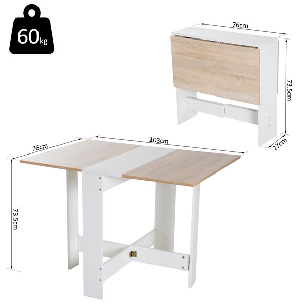 HOMCOM Particle Board Folding Wood Tables, Drop Leaf Dining Table for Space Saving, Writing Computer Desk, Home Office, Oak & White Aosom UK