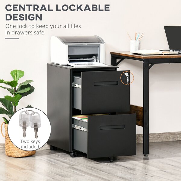 Vinsetto Black Cabinet Mobile Lockable File Cabinet with 2 Drawers, Storage for Office Equipment, 67H x 39W x 48Dcm Aosom UK