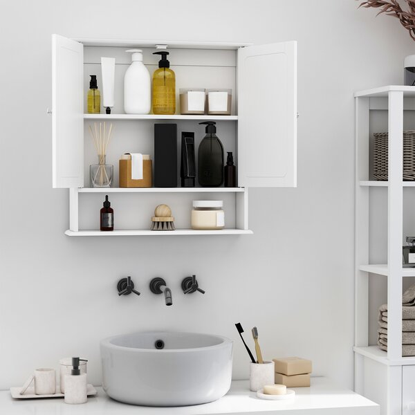 HOMCOM Bathroom Mirror with Storage, 1 Internal Adjustable Shelves, 2 Knob Handles to Open the 2 Doors, White Aosom UK