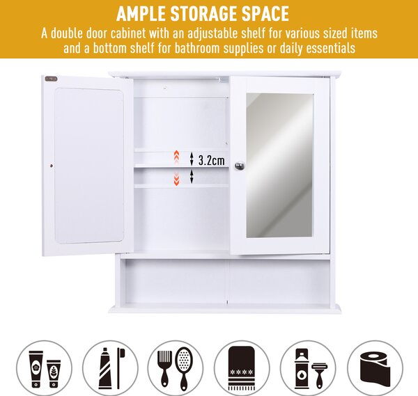 HOMCOM Bathroom Mirror with Storage, 1 Internal Adjustable Shelves, 2 Knob Handles to Open the 2 Doors, White Aosom UK