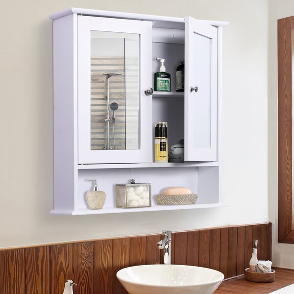 HOMCOM Bathroom Mirror with Storage, 1 Internal Adjustable Shelves, 2 Knob Handles to Open the 2 Doors, White Aosom UK