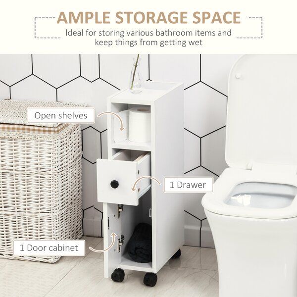 Kleankin Slimline Bathroom Storage Unit w/ 2 Drawers 2 Open Compartments Wheels Handles Freestanding Compact Home Office Furniture White Aosom UK