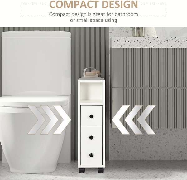 Kleankin Slimline Bathroom Storage Unit w/ 2 Drawers 2 Open Compartments Wheels Handles Freestanding Compact Home Office Furniture White Aosom UK