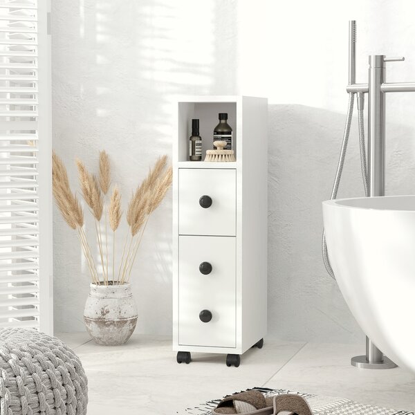 Kleankin Slimline Bathroom Storage Unit w/ 2 Drawers 2 Open Compartments Wheels Handles Freestanding Compact Home Office Furniture White Aosom UK
