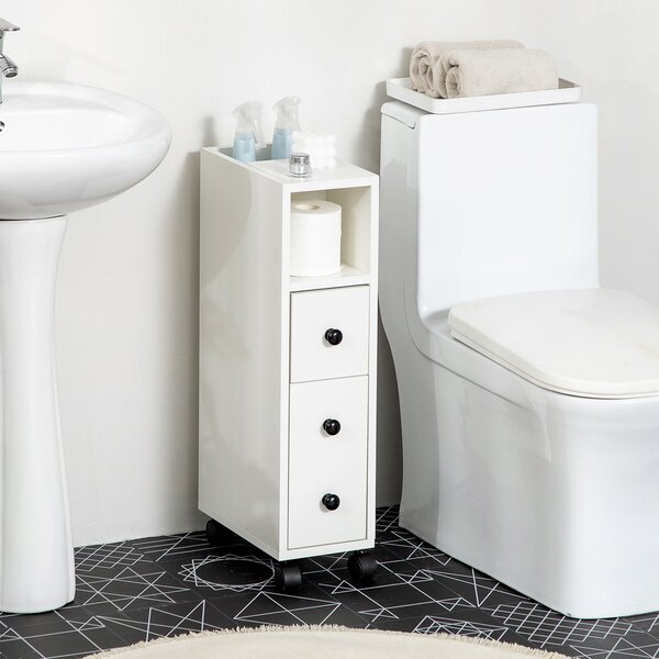 Kleankin Slimline Bathroom Storage Unit w/ 2 Drawers 2 Open Compartments Wheels Handles Freestanding Compact Home Office Furniture White Aosom UK