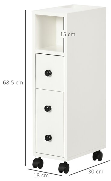 Kleankin Slimline Bathroom Storage Unit w/ 2 Drawers 2 Open Compartments Wheels Handles Freestanding Compact Home Office Furniture White Aosom UK