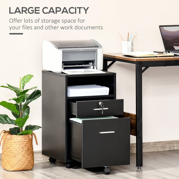 Vinsetto Black Cabinet Mobile Lockable File Cabinet with 2 Drawers, Storage for Office Equipment, 65H x 39W x 40Dcm Aosom UK