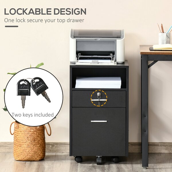 Vinsetto Black Cabinet Mobile Lockable File Cabinet with 2 Drawers, Storage for Office Equipment, 65H x 39W x 40Dcm Aosom UK