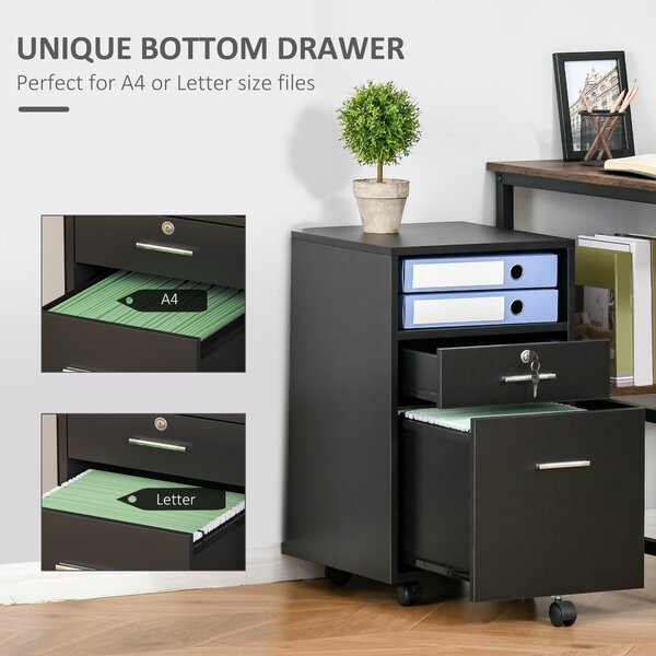 Vinsetto Black Cabinet Mobile Lockable File Cabinet with 2 Drawers, Storage for Office Equipment, 65H x 39W x 40Dcm Aosom UK