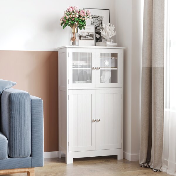Kleankin Bathroom Floor Storage Cabinet w/ Tempered Glass Doors & Adjustable Shelf, Free Standing Organizer for Living Room Entryway, White Aosom UK