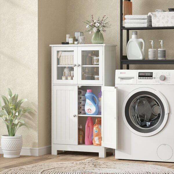 Kleankin Bathroom Floor Storage Cabinet w/ Tempered Glass Doors & Adjustable Shelf, Free Standing Organizer for Living Room Entryway, White Aosom UK