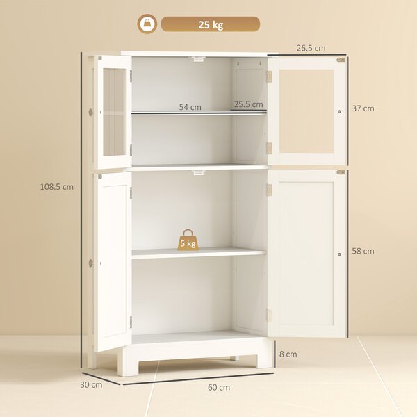 Kleankin Bathroom Floor Storage Cabinet w/ Tempered Glass Doors & Adjustable Shelf, Free Standing Organizer for Living Room Entryway, White Aosom UK
