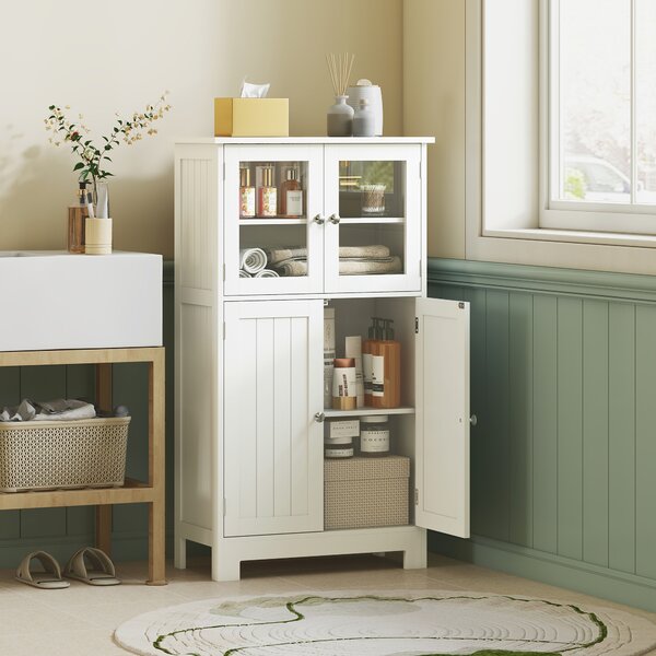 Kleankin Bathroom Floor Storage Cabinet w/ Tempered Glass Doors & Adjustable Shelf, Free Standing Organizer for Living Room Entryway, White Aosom UK