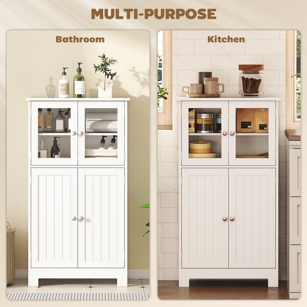 Kleankin Bathroom Floor Storage Cabinet w/ Tempered Glass Doors & Adjustable Shelf, Free Standing Organizer for Living Room Entryway, White Aosom UK