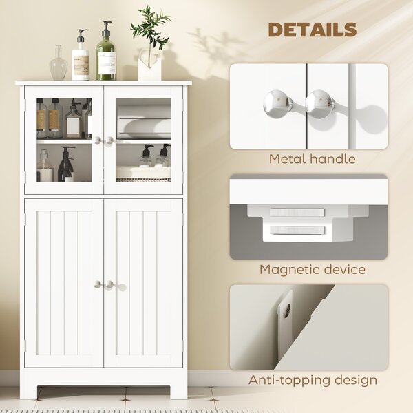 Kleankin Bathroom Floor Storage Cabinet w/ Tempered Glass Doors & Adjustable Shelf, Free Standing Organizer for Living Room Entryway, White Aosom UK