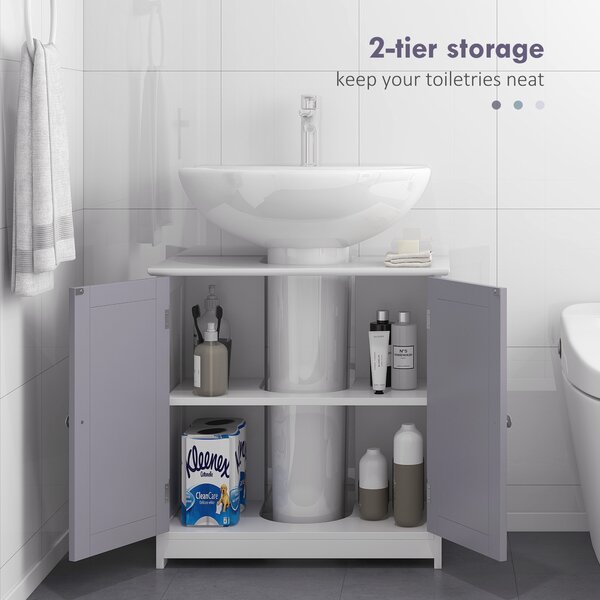 Kleankin Vanity Vault: Under-Sink Storage Solution with Adjustable Shelf, Handles, and Drain Hole, White & Grey Aosom UK