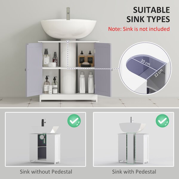 Kleankin Vanity Vault: Under-Sink Storage Solution with Adjustable Shelf, Handles, and Drain Hole, White & Grey Aosom UK