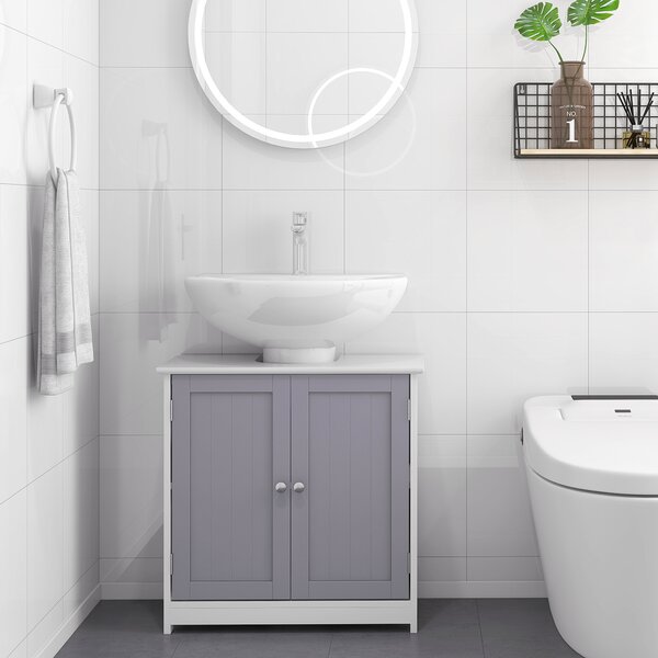 Kleankin Vanity Vault: Under-Sink Storage Solution with Adjustable Shelf, Handles, and Drain Hole, White & Grey Aosom UK