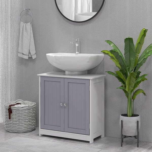 Kleankin Vanity Vault: Under-Sink Storage Solution with Adjustable Shelf, Handles, and Drain Hole, White & Grey Aosom UK