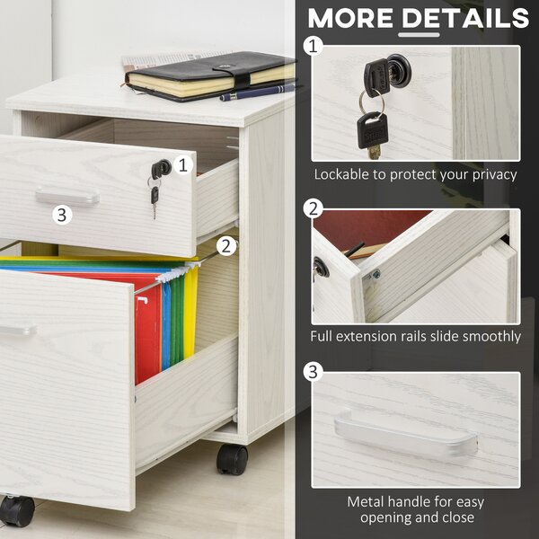 Vinsetto 2-Drawer Locking Office Filing Cabinet w/ 5 Wheels Rolling Storage Hanging Legal Letter Files Cupboard Home Organisation White Aosom UK