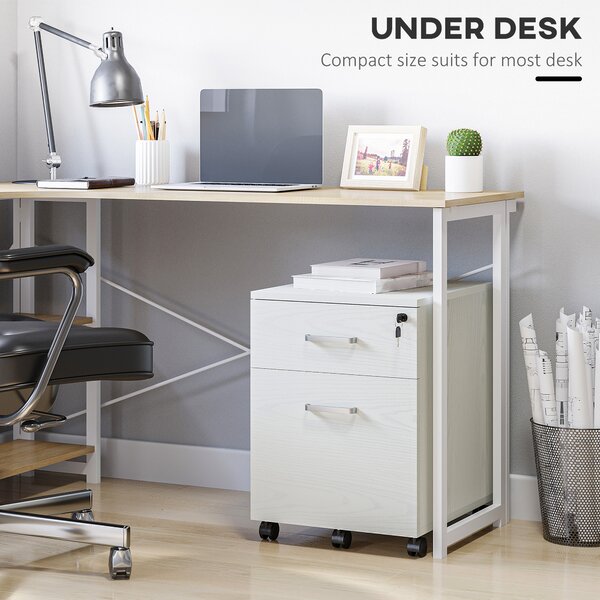 Vinsetto 2-Drawer Locking Office Filing Cabinet w/ 5 Wheels Rolling Storage Hanging Legal Letter Files Cupboard Home Organisation White Aosom UK