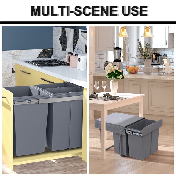 HOMCOM 40L Kitchen Recycle Waste Bin Pull-Out Soft Close Dustbin, Multi-Compartment Trash Can for Recycling, Grey Aosom UK