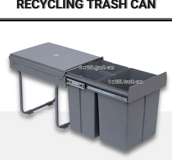 HOMCOM 40L Kitchen Recycle Waste Bin Pull-Out Soft Close Dustbin, Multi-Compartment Trash Can for Recycling, Grey Aosom UK