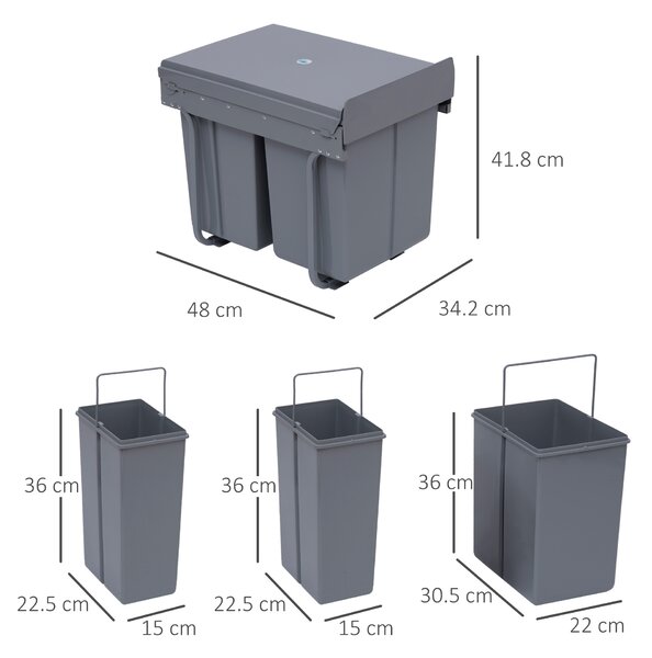 HOMCOM 40L Kitchen Recycle Waste Bin Pull-Out Soft Close Dustbin, Multi-Compartment Trash Can for Recycling, Grey Aosom UK