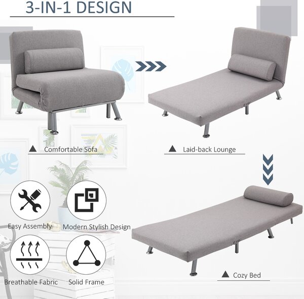 HOMCOM Single Sofa Bed Futon Chair Sleeper, Foldable Portable Lounge Couch, Living Room Furniture Grey