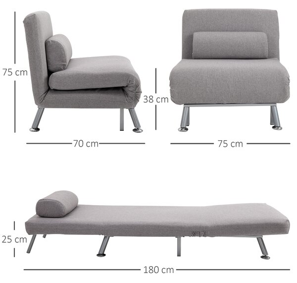 HOMCOM Single Sofa Bed Futon Chair Sleeper, Foldable Portable Lounge Couch, Living Room Furniture Grey