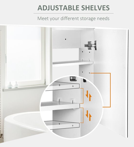 HOMCOM Bathroom Mirror with Storage, 2 Adjustable Shelves, Cushioned Door, Noiseless, for Bedroom & Vanity, White Aosom UK