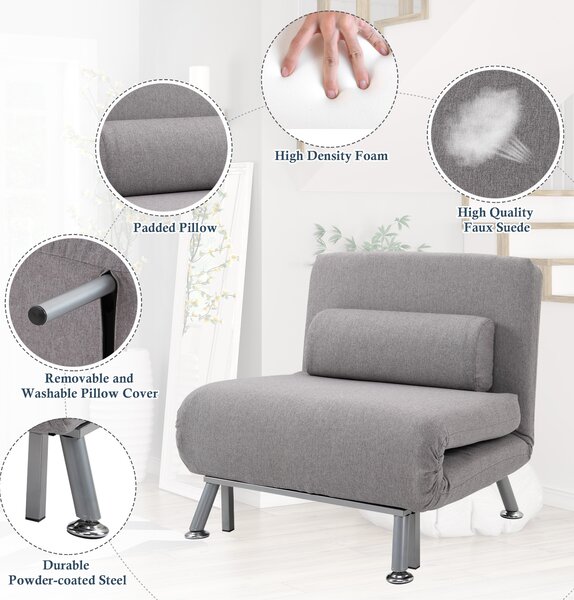 HOMCOM Single Sofa Bed Futon Chair Sleeper, Foldable Portable Lounge Couch, Living Room Furniture Grey