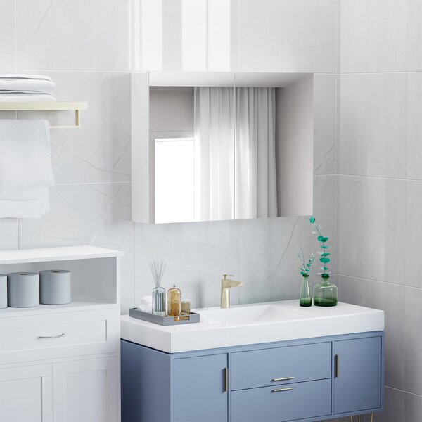 HOMCOM Bathroom Mirror with Storage, 2 Adjustable Shelves, Cushioned Door, Noiseless, for Bedroom & Vanity, White Aosom UK
