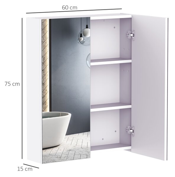 HOMCOM Wall Mounted Mirror Cabinet, Wooden Bathroom Storage with Adjustable Shelf, Double Door, 60Wx15Dx75H cm, White Aosom UK