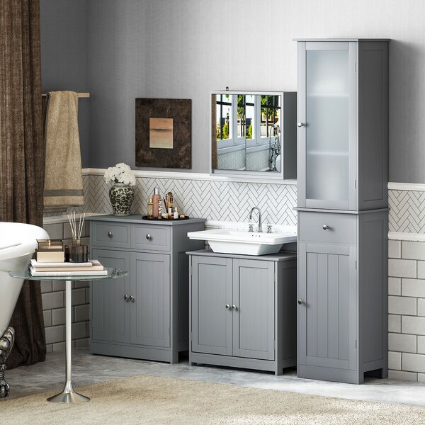 Kleankin Traditional Style Bathroom Storage Cabinet, Free-Standing Unit with 2 Drawers, Cupboard and Adjustable Shelf, 75x60cm, Grey
