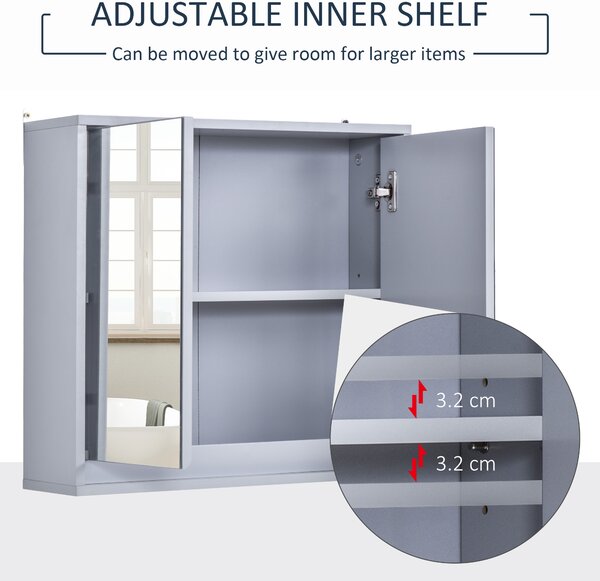 HOMCOM Bathroom Wall Cabinet with Mirror, Adjustable Shelf, Cushioned Door with Quiet Close, for Bathroom or Bedroom Vanity, Grey Aosom UK