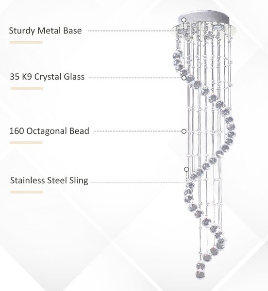 HOMCOM Modern Crystal Chandelier Ceiling Light Pendant Lamp Chrome Finish Glass Droplets New, 160 Octagons, Ф30 x 120cm