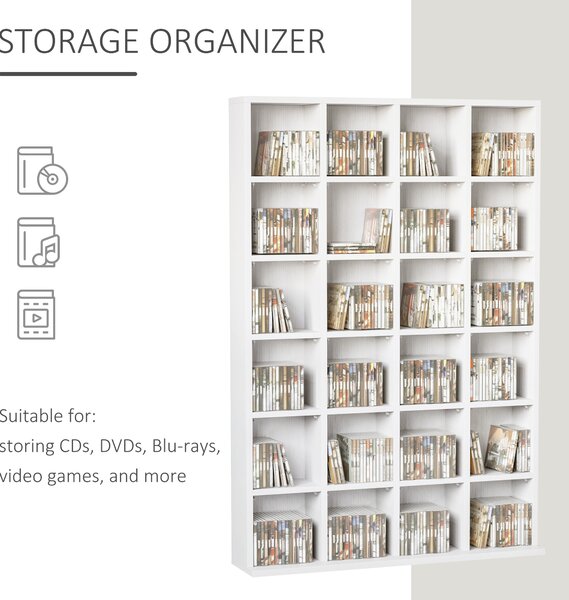 HOMCOM 480 CD / 312 DVD Storage Shelf Rack Media Storage Unit Shelves Racks Wooden Bookcase Display Unit with 4 Adjustable Shelves White Aosom UK