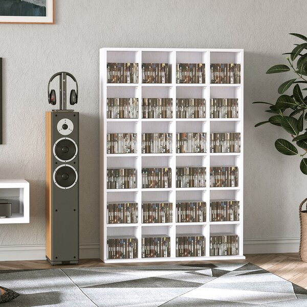HOMCOM 480 CD / 312 DVD Storage Shelf Rack Media Storage Unit Shelves Racks Wooden Bookcase Display Unit with 4 Adjustable Shelves White Aosom UK