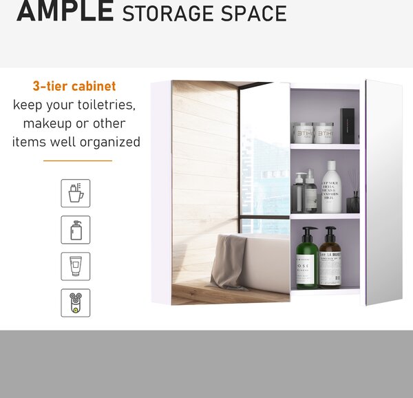 HOMCOM Wall Mounted Bathroom Mirror Cabinet, Double Door Storage Cupboard with Adjustable Shelf, 60H x 70W x 15D cm, White Aosom UK