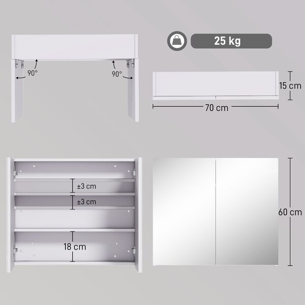 HOMCOM Wall Mounted Bathroom Mirror Cabinet, Double Door Storage Cupboard with Adjustable Shelf, 60H x 70W x 15D cm, White Aosom UK