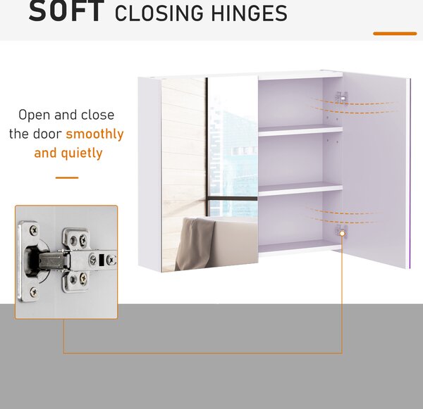 HOMCOM Wall Mounted Bathroom Mirror Cabinet, Double Door Storage Cupboard with Adjustable Shelf, 60H x 70W x 15D cm, White Aosom UK