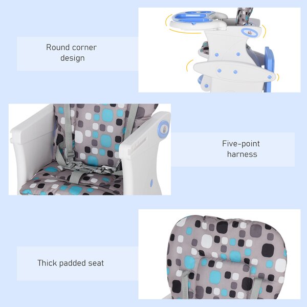 HOMCOM 3-in-1 Baby Chair: Convertible Booster High Chair, Sturdy HDPE Construction, Easy-Clean Design, Space-Saving, Blue Hue Aosom UK
